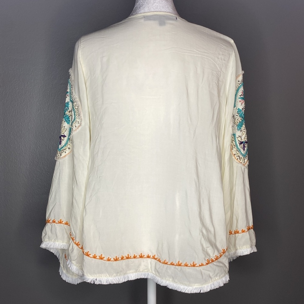 Love Stitch Cream Embroidered Fringe 3/4 Sleeve Bohemian Blouse - Size S - Picture 4 of 8